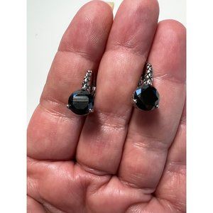 Silver and Round Facetted Cut Black Crystal Drop Earrings